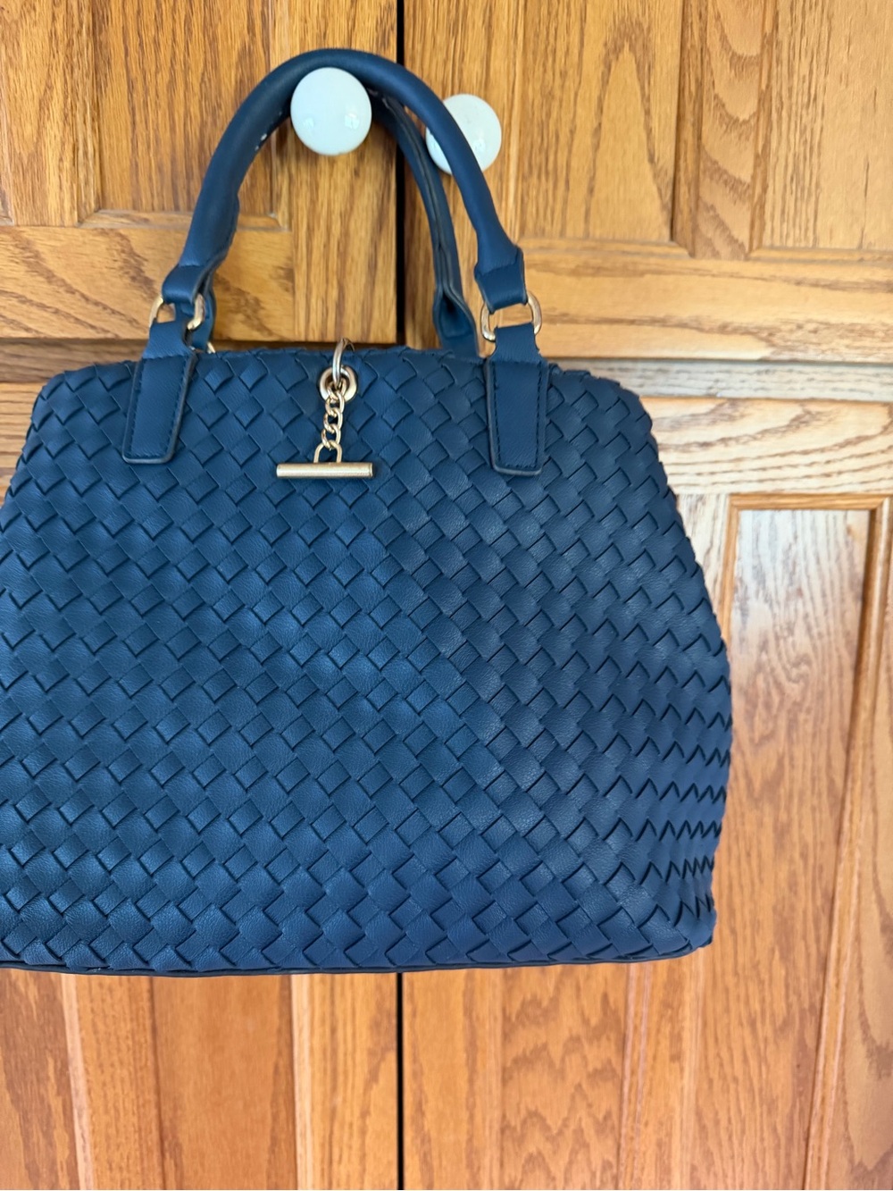 41 Hawthorn Navy Woven Top-Handle Satchel with Gold Chain Accent